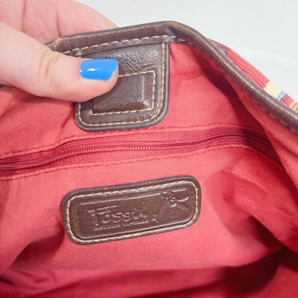Fossil Canvas Multicolored Striped Shoulder Bag Handbag Brown Leather Details - Picture 7 of 12